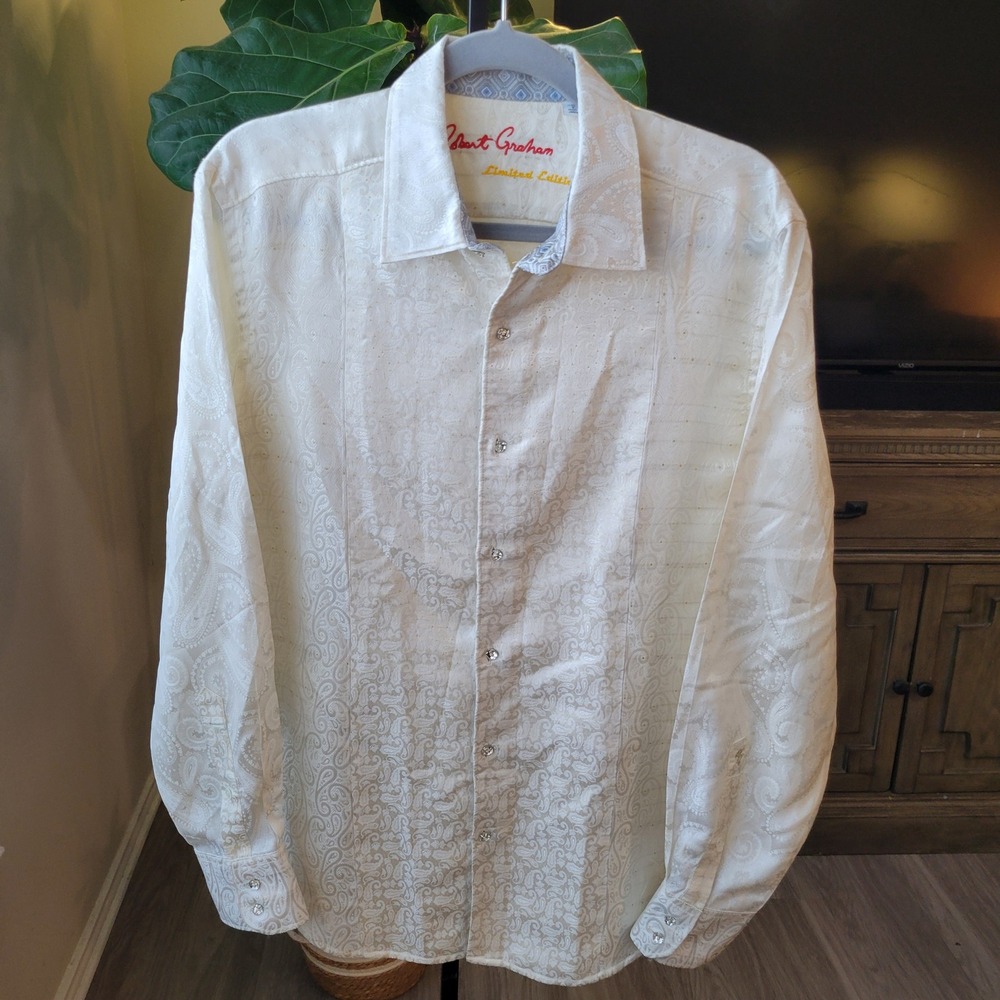 Robert Graham Limited Edition Cream Paisley Silk Blend Button Down Shirt Mens L